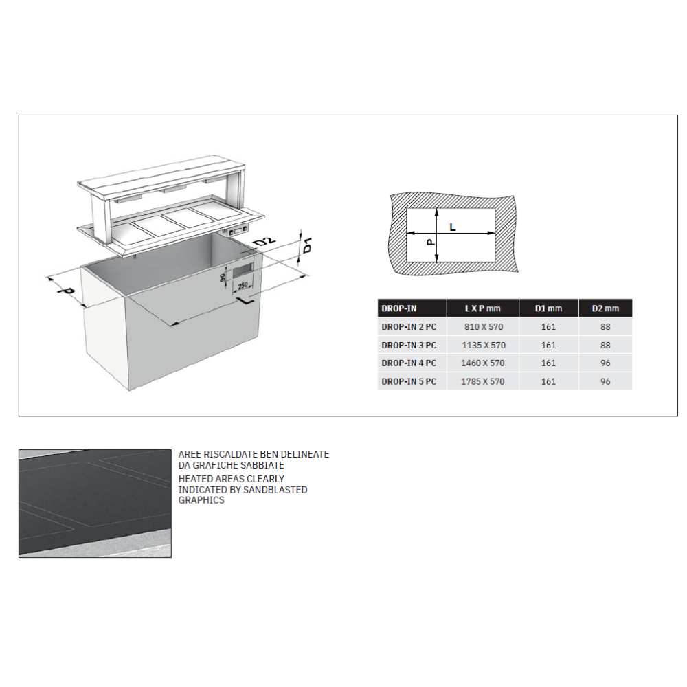TEMPERED GLASS HEATED COUNTERTOP DROP-IN-2PC