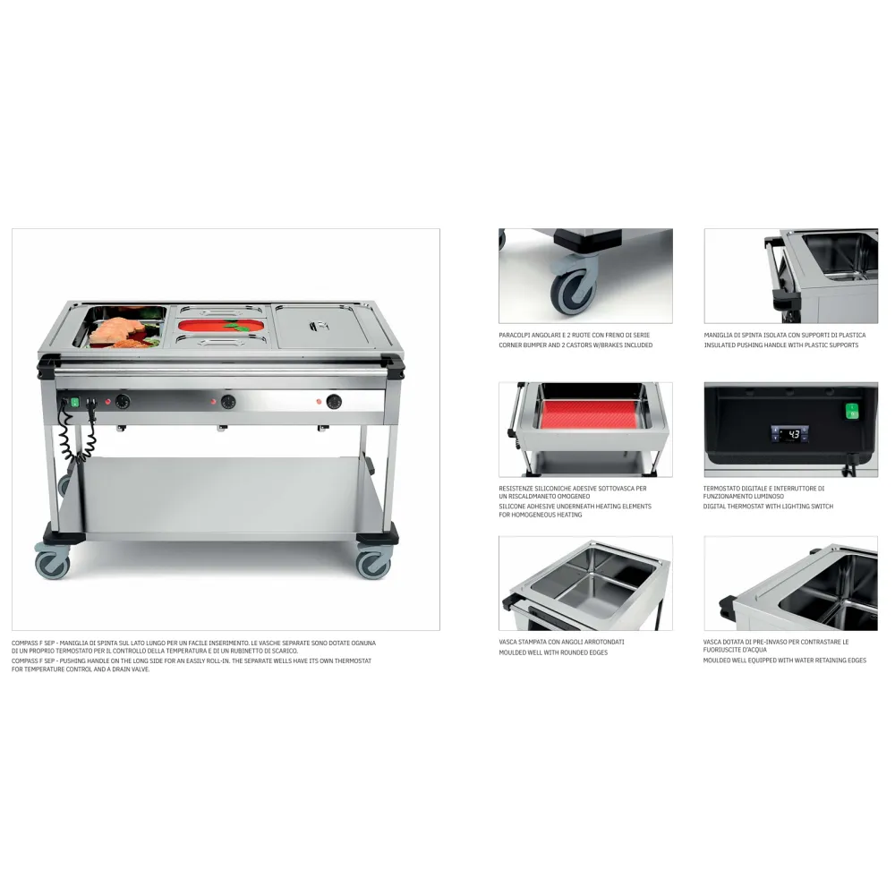 STAINLESS STEEL BAIN MARIE TROLLEY WITH FRONT CONTROL PANELS COMPASS 2 F SEP