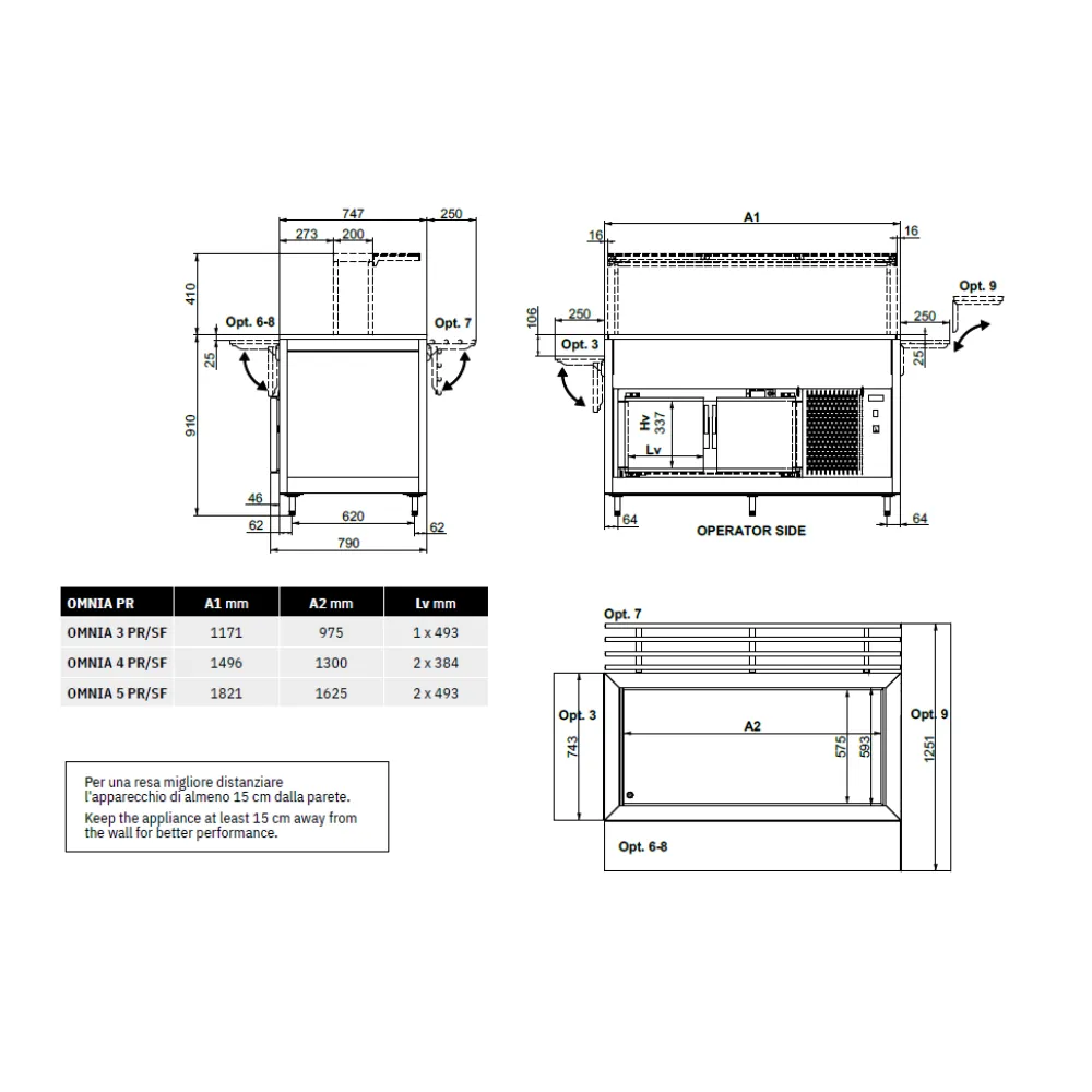REFRIGERATED BUFFET WITH HANEX® BETACRYL WORKTOP AND WITH A COLD LOWER COMPARTMENT OMNIA 3PR/SF