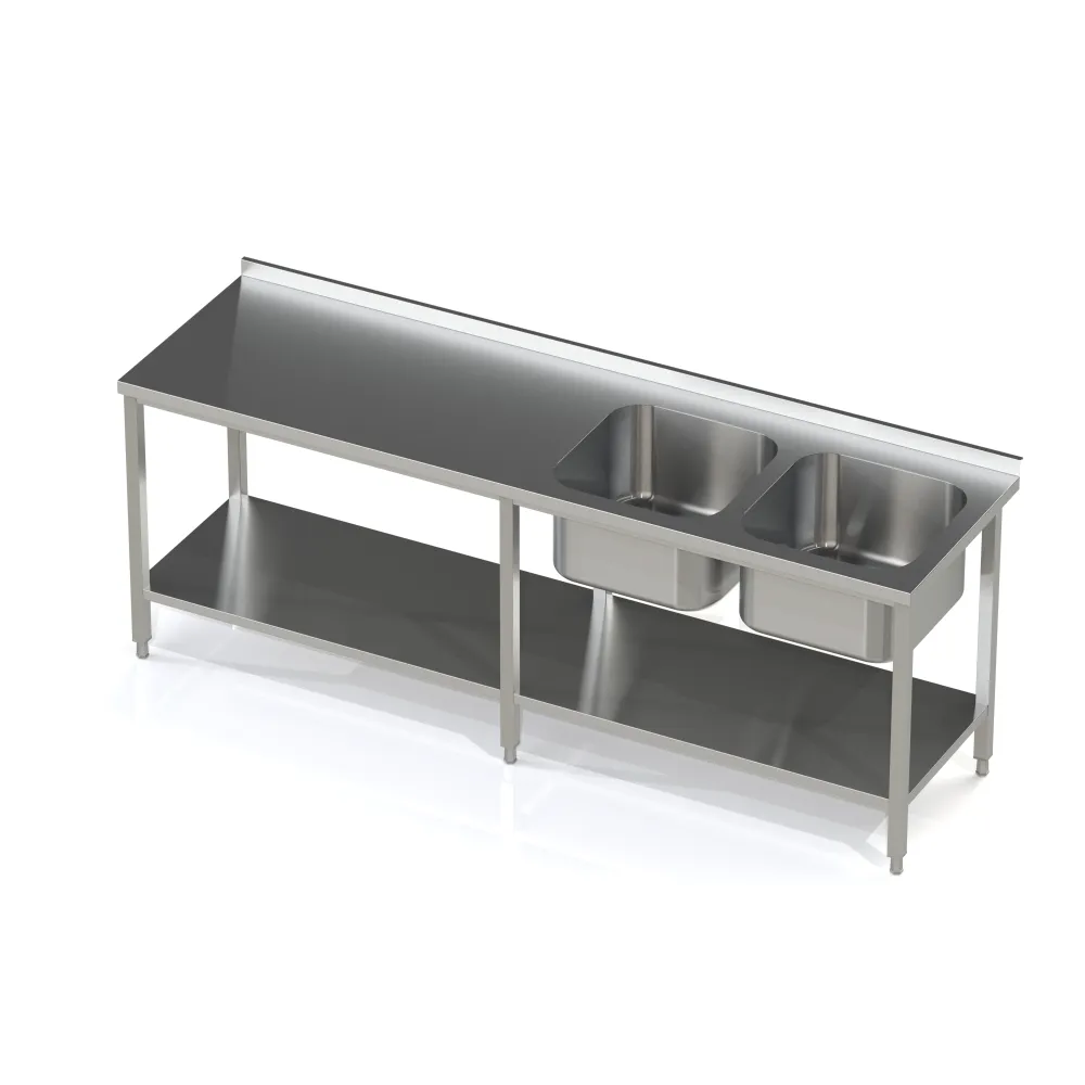 Metal table with double  sink and shelf 2100