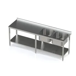 Metal table with double  sink and shelf 2100
