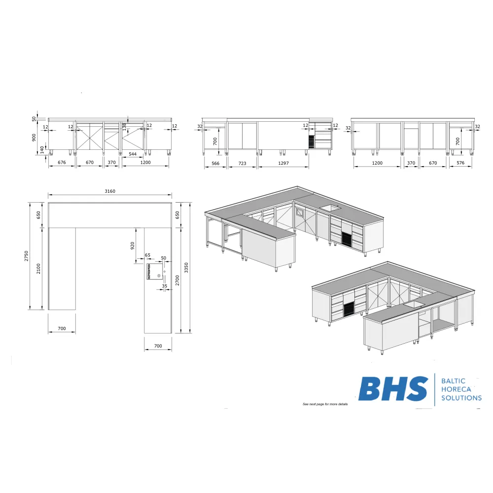 U-shaped bar counter 3350x3360x900 mm