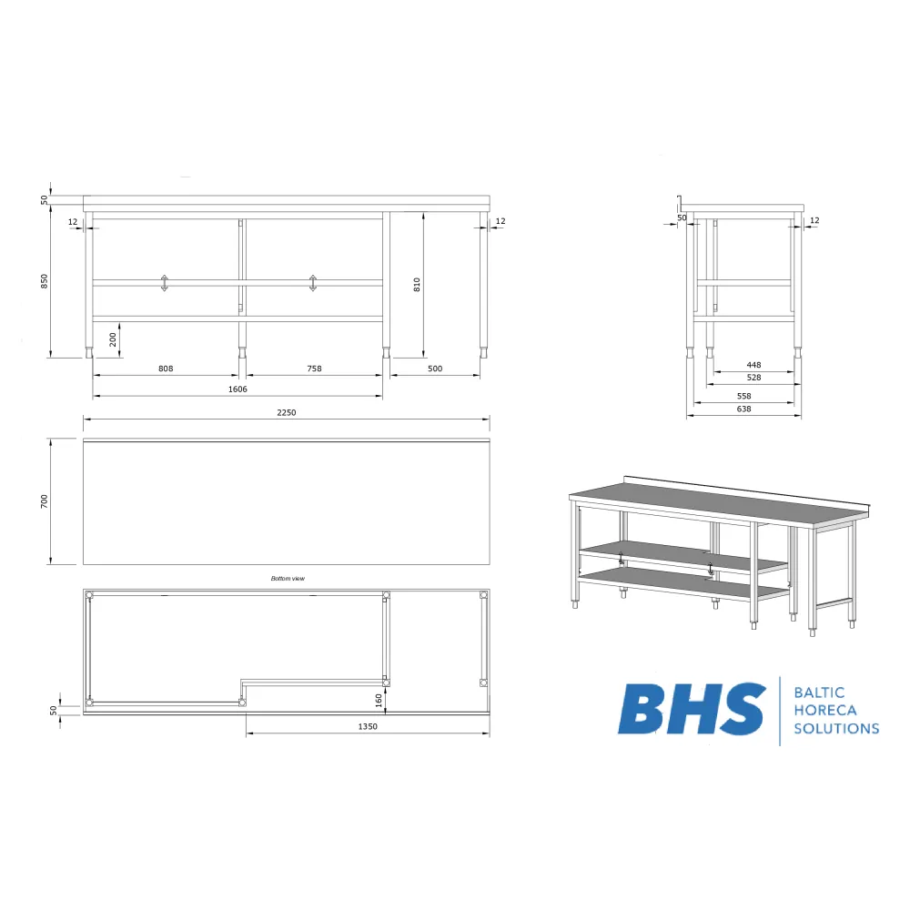 Novameta stainless steel worktable with two shelves 2250