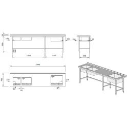 Stainless steel table with 3 sinks