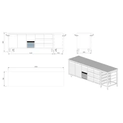 Table-refrigerator with an extended working surface with 4 drawers