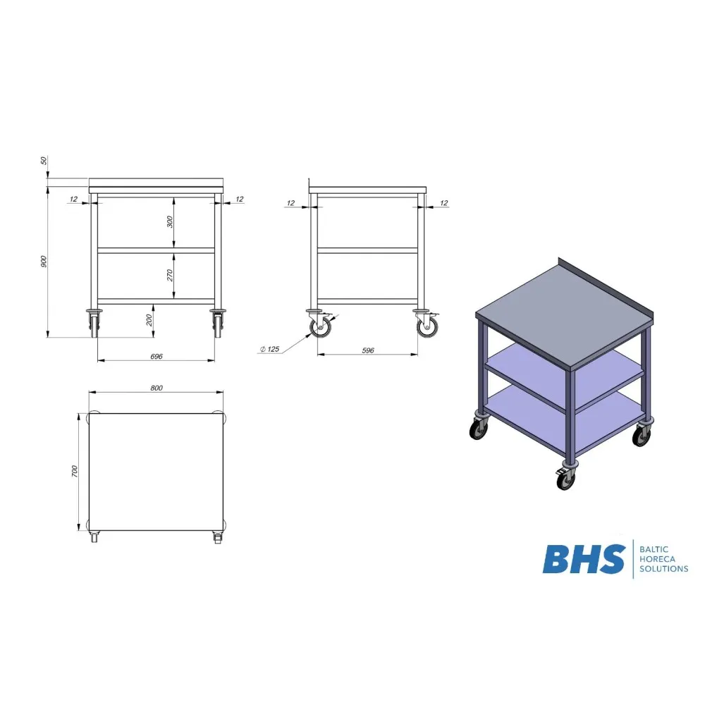 Table on wheels with 2 shelves NN64