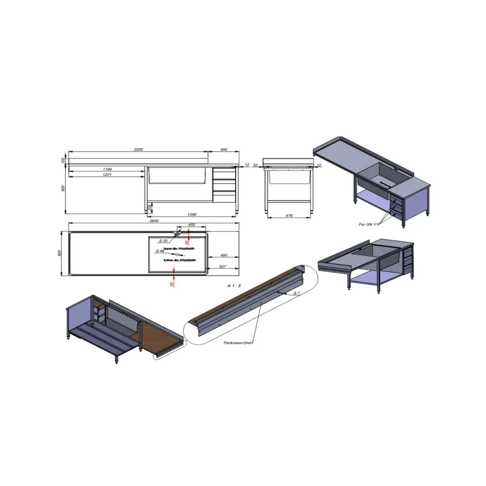 Kitchen table with three sinks
