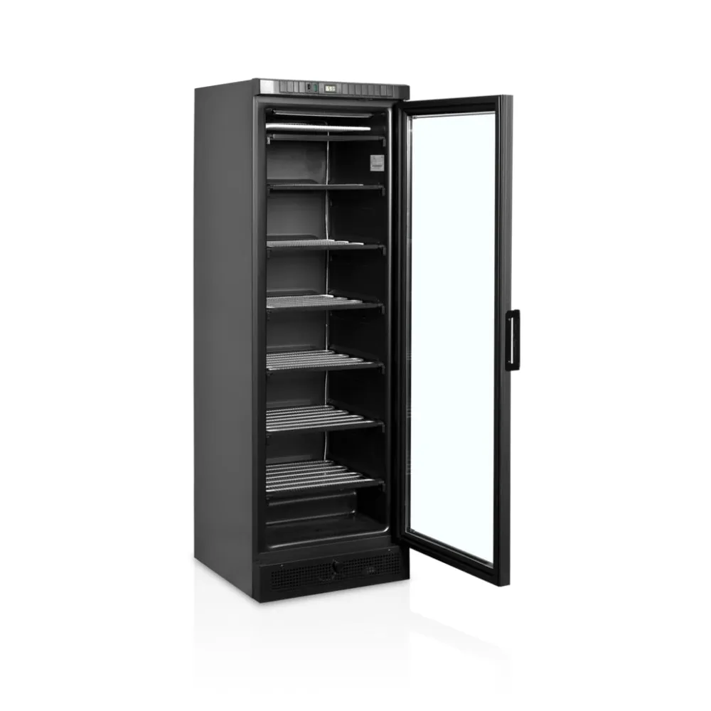 Black display freezer with a heated glass door, 270l