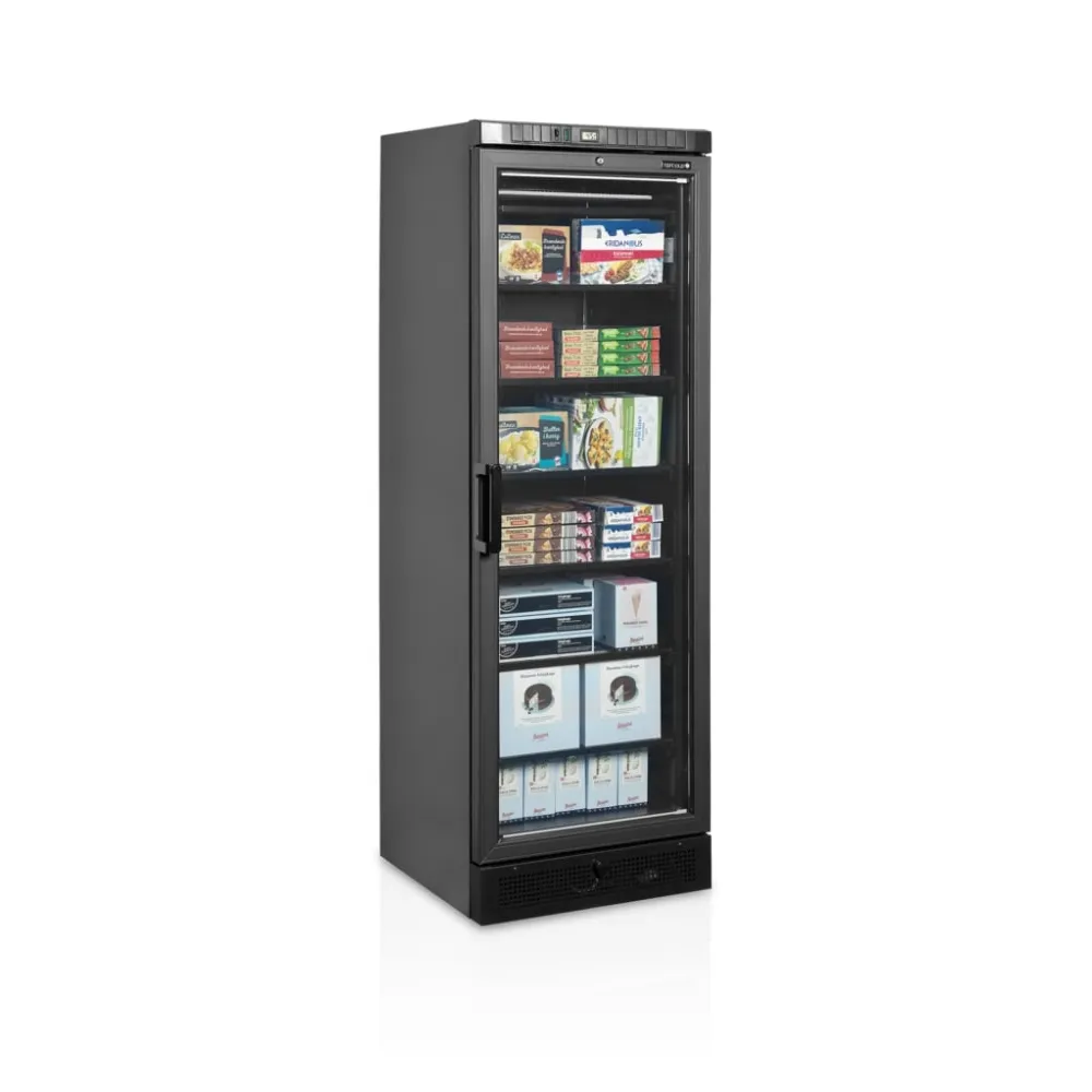 Black display freezer with a heated glass door, 270l