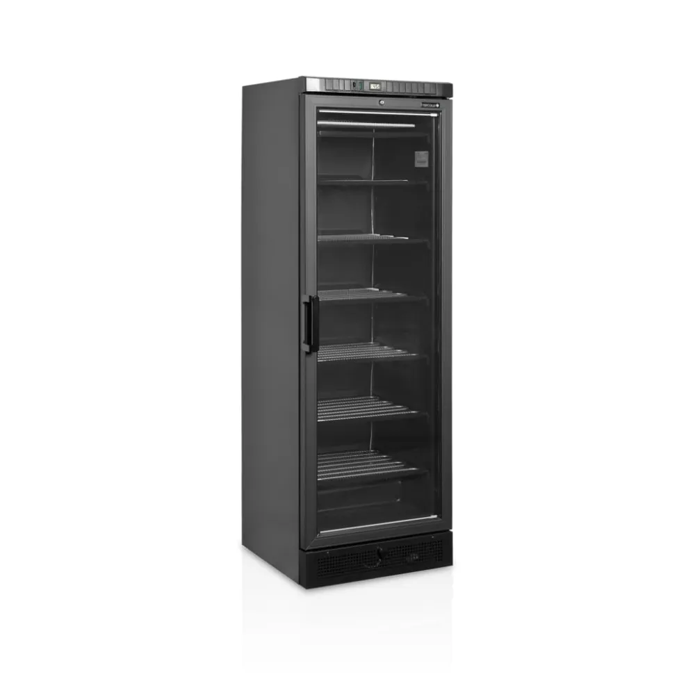 Black display freezer with a heated glass door, 270l