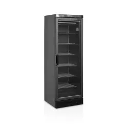 Black display freezer with a heated glass door, 270l