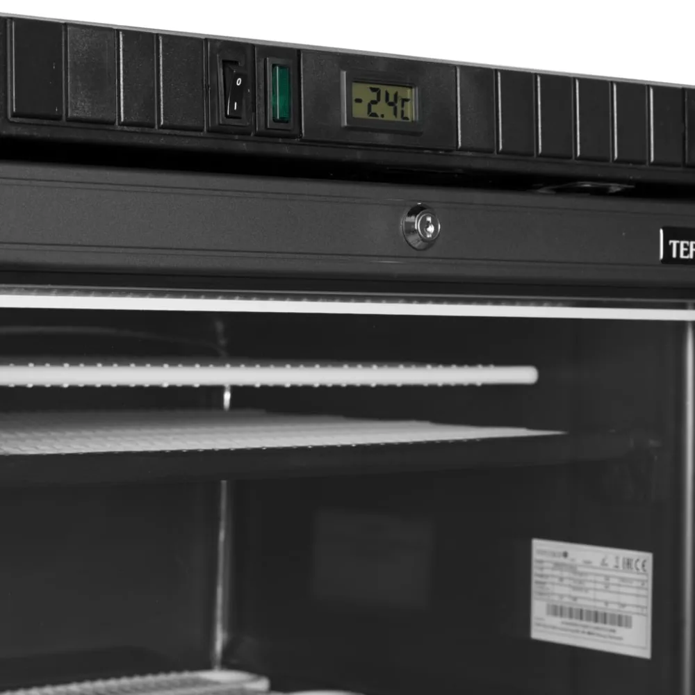 Black display freezer with a heated glass door, 270l