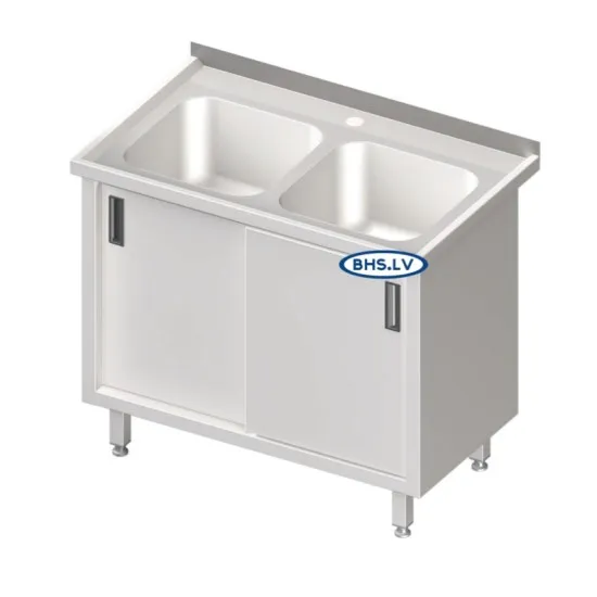 Metal table with double sink and doors