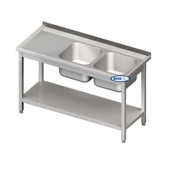 Metal table with double sink and shelf