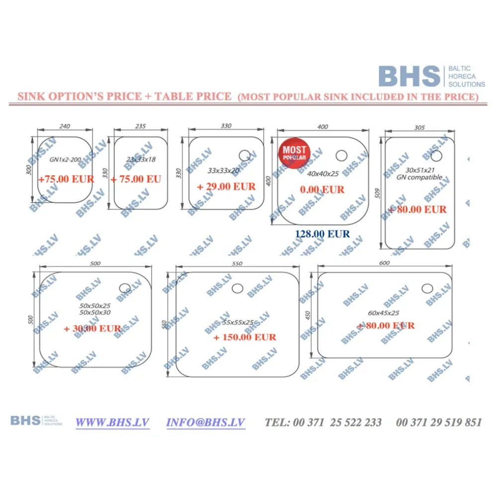 Metal table with 2 sink without shelf 1000