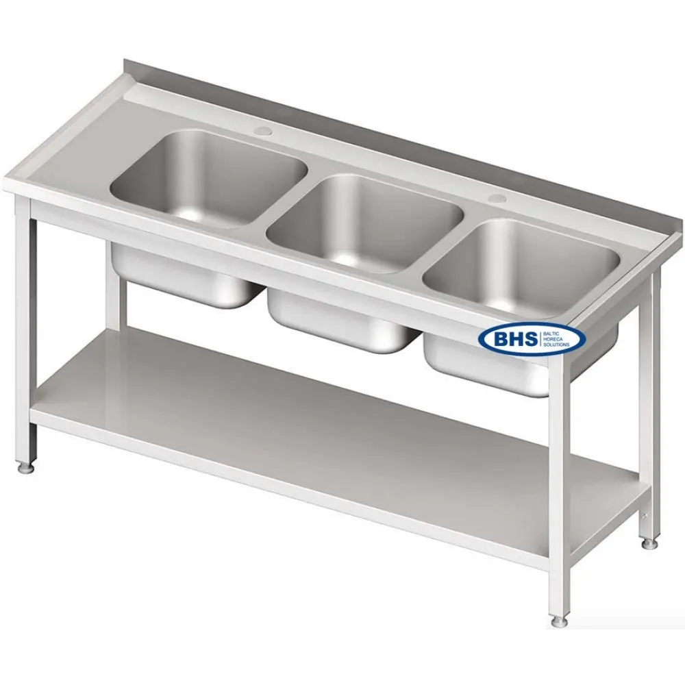 Metal table with three sinks and shelf 2000