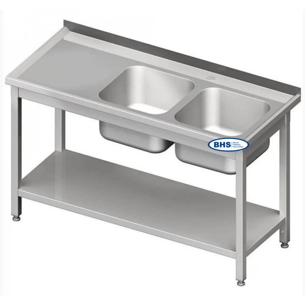 Metal table with double  sink and shelf 2300