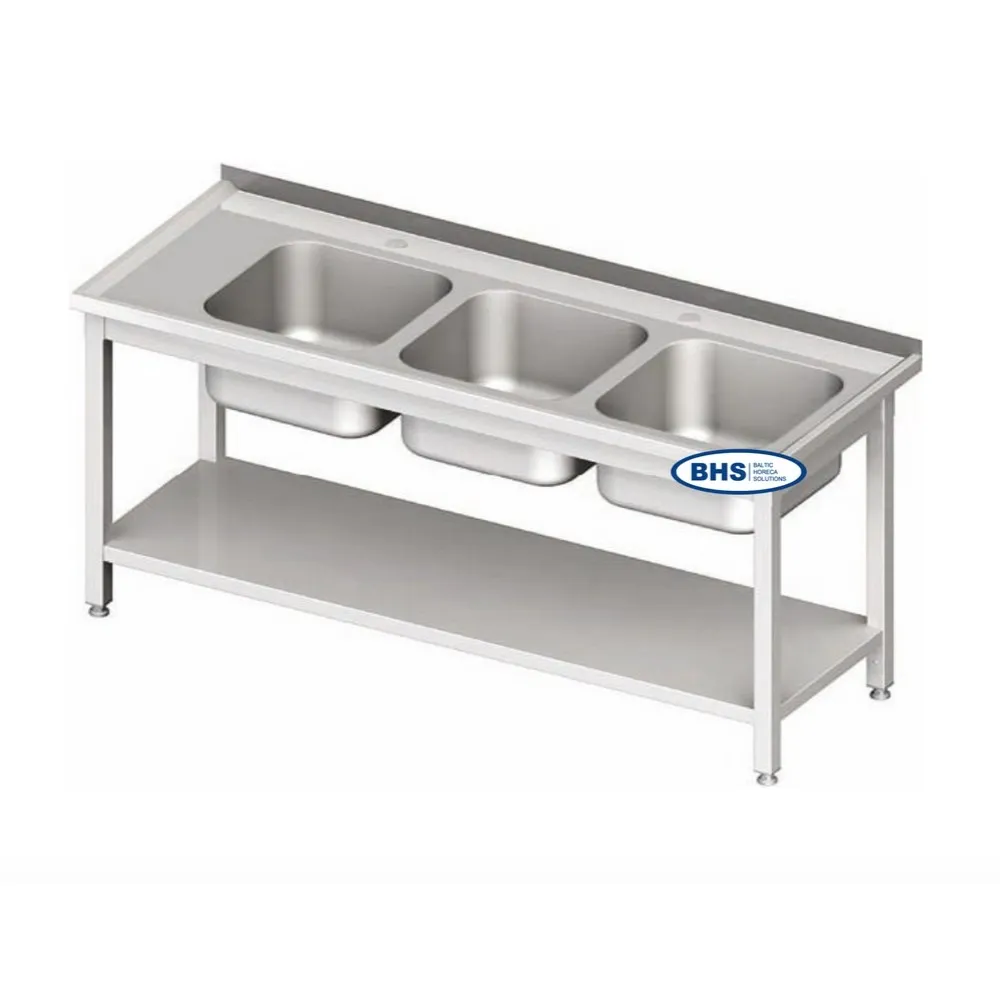 Metal table with three sinks and shelf 1800