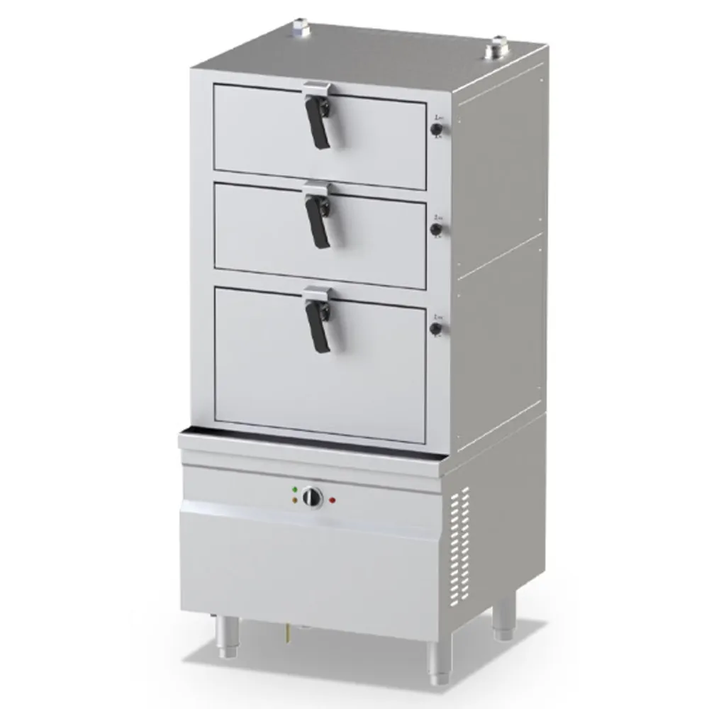 Electric steam boiling pan with three chambers