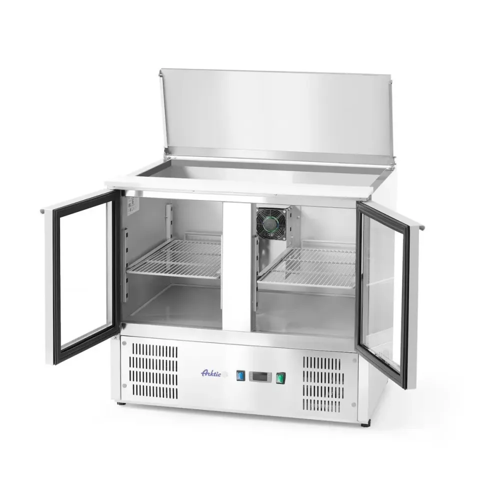 Two-door refrigerated display cabinet with lift-up lid
