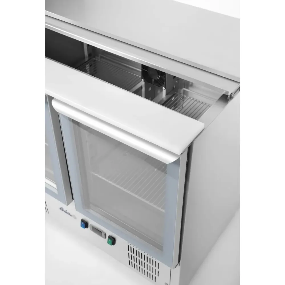 Two-door refrigerated display cabinet with lift-up lid