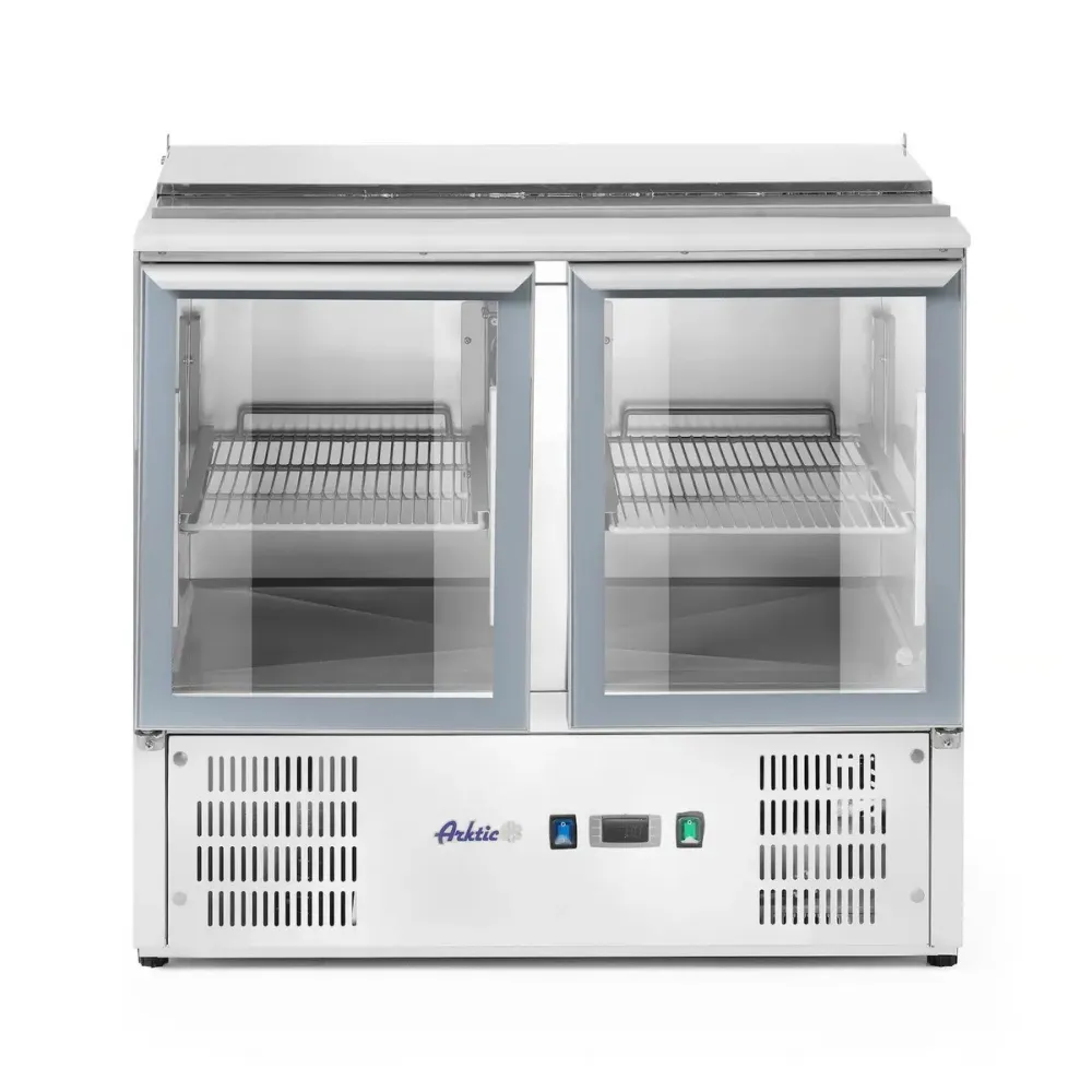 Two-door refrigerated display cabinet with lift-up lid