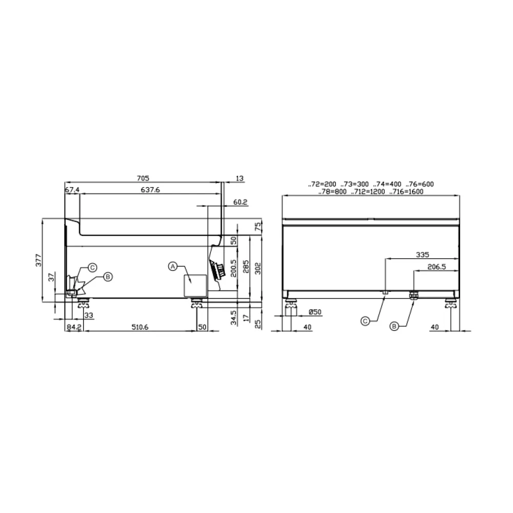 LOTUS ribbed gas fry-top with two cooking zones