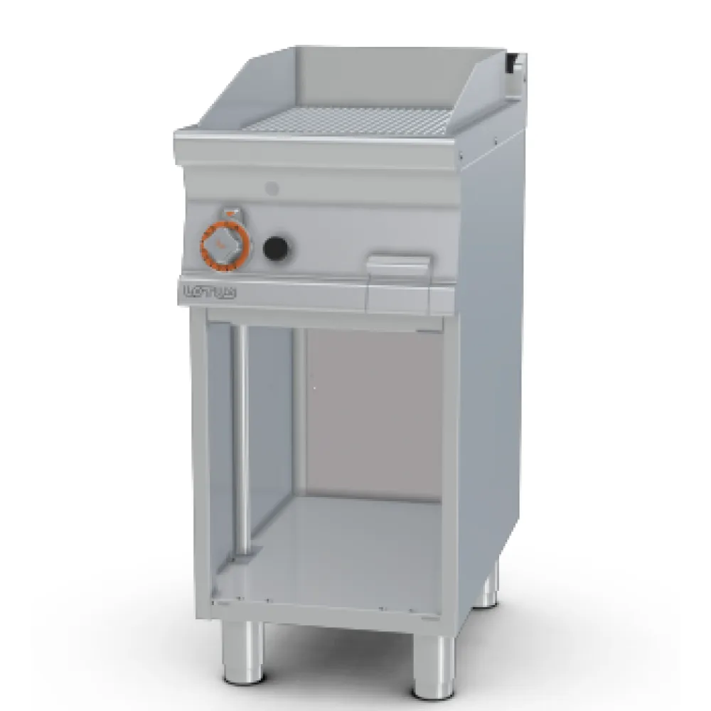 LOTUS Gas Fry-Top Ribbed Griddle on Open Cabinet